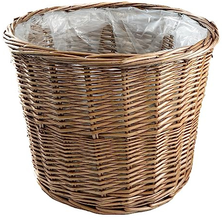 Arthur Cameron - Round Wicker Planter with Plastic Lining, Perfect for Indoor Plants & Flowers - Can also be used as a Waste Paper Bin/Bathroom Bin/Bedroom Bin (Small, Antique Wash)