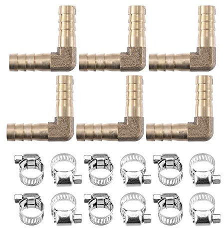 X AUTOHAUX 6Set 10mm L Shaped Hose Barb Brass Hose Fitting Connector with Clamp