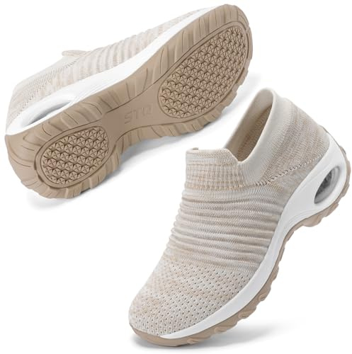 STQ Trainers Women Walking Sneakers with Memory Foam Mix Beige UK 5.5