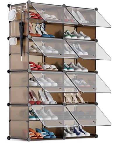 YIHATA Zapatero, 16 Compartimentos (2 x 8) para 32 Pares, Armario Paneles de Plástico, para Dormitorio Sala de Estar, Recibidores, Marrón, Modular, Estantería, 30 x 40 x 30 cm Cada Cubo