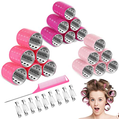 Set di 37 bigodini termici in alluminio, 3 misure, 18 clip per becco d'anatra, pettine per acconciatura, per donne e uomini (2,4 cm, 3,6 cm, 4,6 cm, serie rosa)