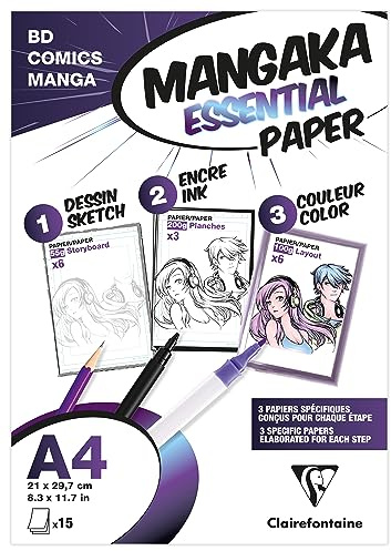 Clairefontaine 94050C - Pochette Mangaka Essential Paper - 15 Feuilles - 3 papiers Manga assortis - A4 - Idéal pour la découverte du dessin Manga