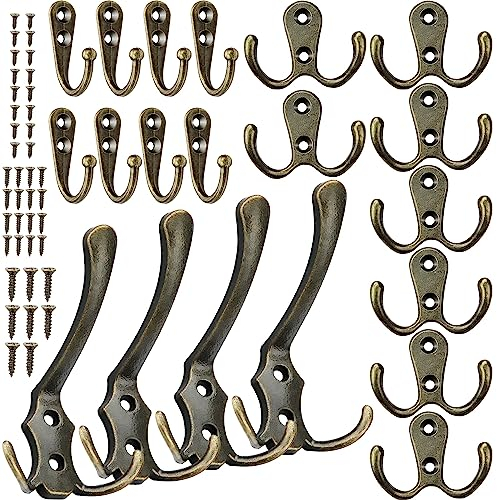 Kleiderhaken Wand 20Pcs Garderobenhaken Vintage 8 Haken zum Schrauben 8 Doppelt Wandhaken 4 Drei Schlüsselhaken Bronze Garderobe Retro mit 40 Schrauben für Bad Küche Büro Tür Schlafzimmer