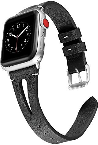 Kompatibelt med Apple Watch 5, 44 mm, armband, läder, svart, läder, smalt mjukt klockarmband, metallspänne, länkarmband flicka, kompatibelt med iWatch 49 mm, 45 mm, 42 mm, serien, 9, 8, 7, 6, 5, 4, 3,