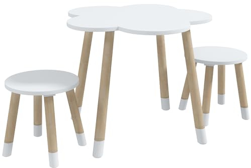 ZONEKIZ Juego de Mesa y 2 Sillas Infantiles Mesa con Sillas para Niños de 2-5 Años con Mesa en Forma de Flores Ø59x50 cm y Sillas Ø28x26 cm para Dormitorio Sala Blanco y Natural