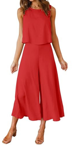 FANCYINN Donna 2 Pezzi Outfits Canotta Lunga di Base Camicia Pantaloni Lunghi a Vita Alta Tute Rosso XL
