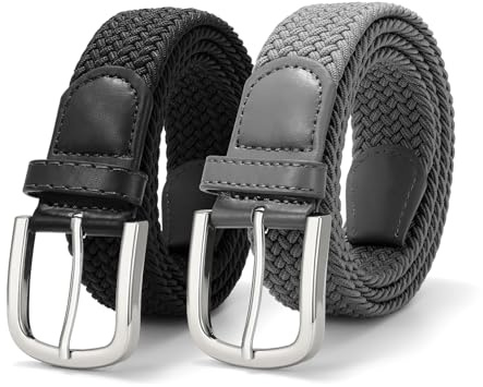 JASGOOD 2 Pack Men Braided Canvas Stretch Belt Elastic Casual Belt for Men Women,Junior 1.3 Inch Wide