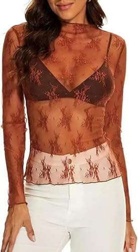 Haibang Långärmad T-shirt för kvinnor Sexig Blommig Spetströja Transparent Mesh Blus Slim Fit Crop Toppar Hög Hals Smal Skjorta-Tröja Elegant Blus Kväll Toppar Party Clubwear, Karamell, L