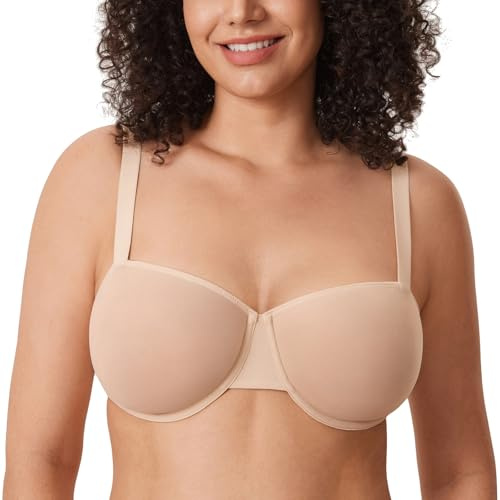 DELIMIRA Women's Cosnufy Balconette Bra Sheer Mesh Plus Size See Through Underwire Unlined Bras Beige 40DD