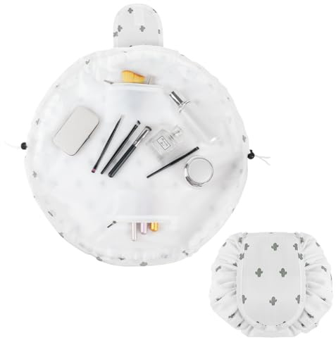 URAQT Lay Flat Drawstring Makeup Bag, Large-Capacity Travel Cosmetic Pouch, Portable Quick Pack Lazy Drawstring Make Up Bag for Daily Use, Magic Cosmetic Bag with Small Pocket for Women, Cactus