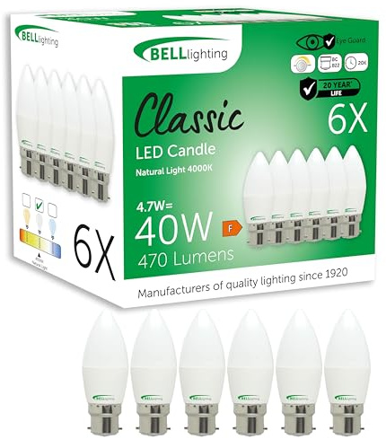 BELL Lighting B22 Bayonet Dimmable Light Bulb LED Candle 6 Pack | Natural White 4000K | 470 Lumen 4.7W | Energy Saving Candle LED Light Bulb | 40W Lamp Equivalent