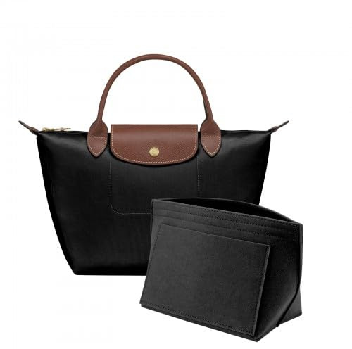 Wisebom Bag Insert Organizer for Longchamp, Felt Purse Organizers with Multiple Pockets, Tote Bag Organiser Insert, Folding Handbag Felt Organizer for Keys Lipstick Coin (Black, S)