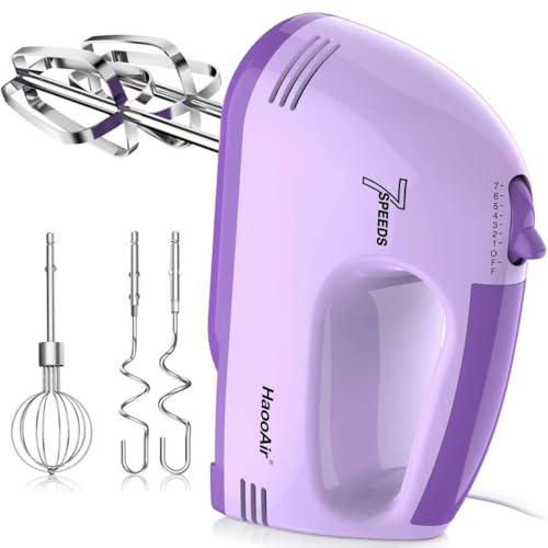 Haooair Elektrischer Handmischer, Kompakter 7-Gang Mixer, Spülmaschinengeeignetes 304 Zubehör (1 Schneebesen, 2 Knethaken, 2 Rührstäbe), Mischt verschiedene Zutaten, Anfänger und Bäcker