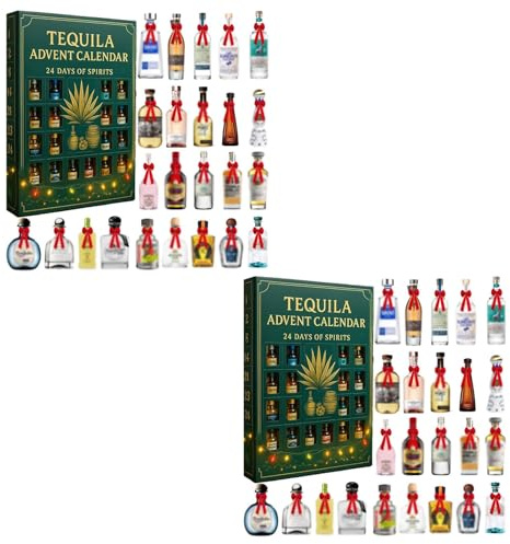 2025 Tequila adventskalender - 24 dagar med premiumsprit, begränsad upplaga mini sprit sampler nedräkning (åldrad Añejo och Blanco Tequila), vuxen alkohol presentförpackning och julklappslåda (2 st)