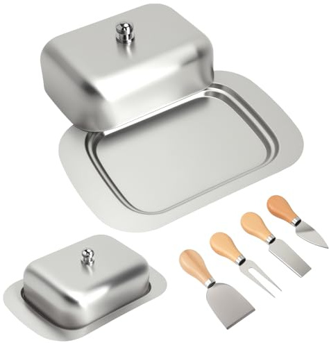 XRVRILE Mantequera de Acero Inoxidable con Tapa, 18,5 x 12,2 x 4,5 Cm Mantequillera con 4 Cuchillos para Queso, Apto para Lavavajillas Butter Dish para Mantequilla, Queso, Pasteles, Fruta