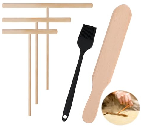 Set di 5 spatole per crêpe in legno di faggio con 3 spatole (a T, 9 cm, 12 cm, 18 cm) e una spatola per crêpe (30 cm), oltre a una spazzola in silicone nero. Accessori per padelle per crêpe, pancake e
