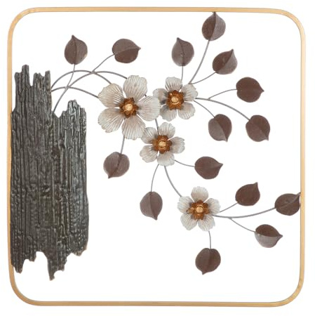 GILDE Väggrelief körsbärsblomma av metall – antik finish – brun och krämfärgad – kvadratisk – höjd 51 cm x bredd 51 cm