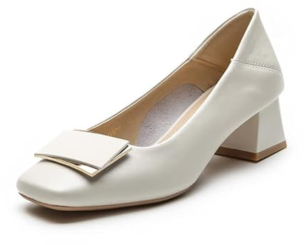 G500-5 Dam fyrkantig tå slip-on pumps med metallspänne detalj, blockklack, klassisk stil