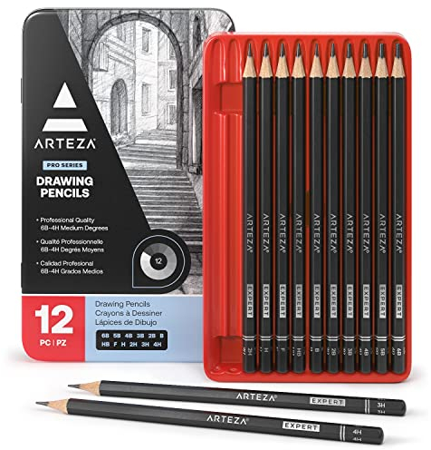 Arteza Bleistifte, 12 professionelle Zeichenstifte mit verschiedenen Minenhärten, Skizzierstifte in einer Metalldose