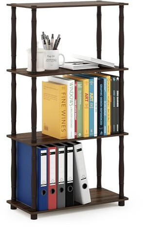 Furinno TURN-N-TUBE Storage Shelves, 4-Tier Book Shelf, Corner Shelf, Toolless Open Shelves, Classic Tubes, for Organization and Storage, Living Room, Home Office, Walnut