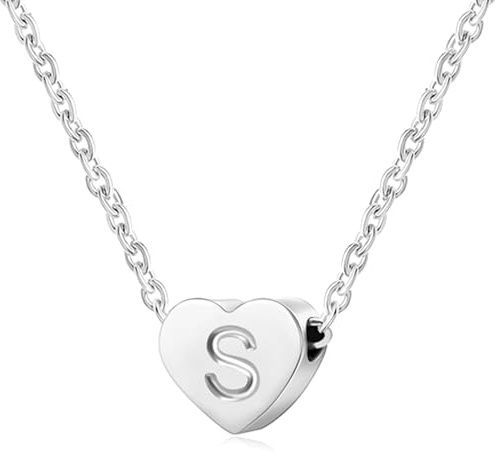 AFSTALR - Girocollo da donna in argento con piccolo ciondolo a forma di cuore, con iniziale, ideale per ragazze e Acciaio inossidabile, colore: S, cod. NK-heart-silver-S