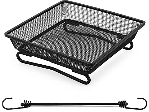 Aestic Ground Bird Feeder Platform Tray 18x18 cm Compact Design for Outdoor Garden and Backyard - Heavy-Duty Metal Mesh Seed Tray with 2 Bunjee Cords to Attach the Feeder to Balcony or Deck Rail