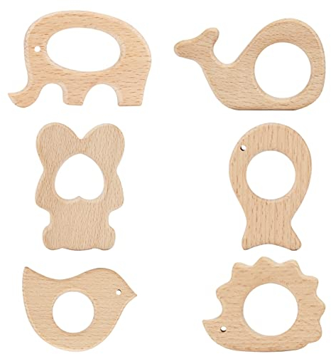 Aoliandatong 6 Stück Holzfiguren Holz Tiere Kinder Beißring,Natrlich Baby Holztiere Beißring, Greifling Holzbeissring Wooden Teether für Kleinkinder