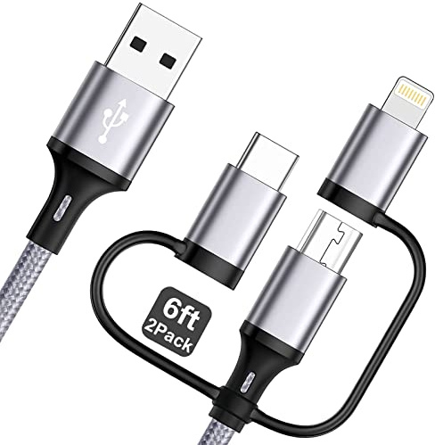 Multi Charging Cable [6ft 2Pack] 3 in 1 USB Charger Cable Nylon Braided Fast Charging Cords Chargers for Multiple Devices with Lightning/Type C/Micro USB/iPhone/iPads/Samsung Galaxy/Ps/Tablets &More