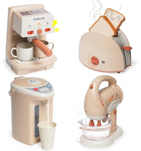 Kitchen Appliances Toy for Kids Kitchen Pretend Play Toy Play Kitchen Set with Coffee Maker Blender Espresso Machine Water Dispenser Toaster Mixer Realistic Sounds for Boys Girls 3+