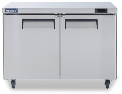 ICECASA 48 W Commercial Refrigerator Worktop Undercounter Refrigerator 2 Door Stainless Steel Counter Fan Cooling Refrigerator 13 Cu.ft for Restaurant, Bar, Shop, etc