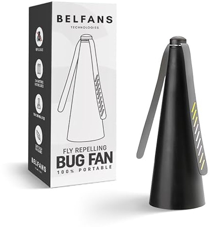 Belfans FlyRepellent Fan for Tables – USB Powered/AA Battery Powered, Soundless Fly Swatter with Holographic Blades – Portable Fly Fan for Bees, Wasps & Outdoor Use (1, Black)