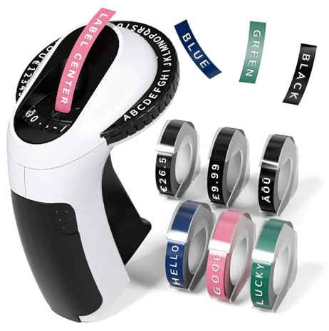 Embossing Label Maker Machine, 3D Vintage Embossed Label Maker Machine, Handheld Omega Embosser Label maker for Home, Office, Outdoor, School, Gifts, Black (9mm Color Label Tapes* 6pcs)
