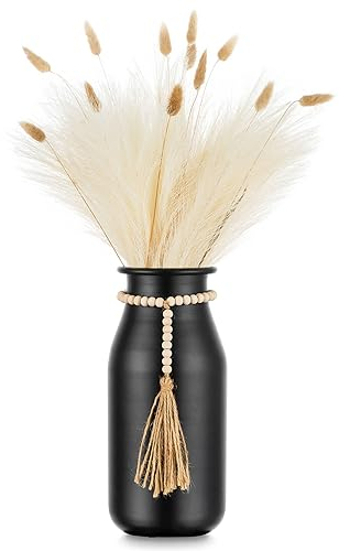 Sziqiqi Jarron Decorativo Negro - 23cm Florero Boho con Cordones de Cuentas Jarrones de Metal Vintage para Mesa Salon Comedor Jarr贸n Cilindrico Mate para Pampas Flores Artificiales Rosas