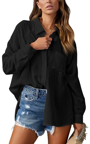 NONSAR - Camicetta elegante da donna con scollo a V, a maniche lunghe, casual, con tasca, Nero , S