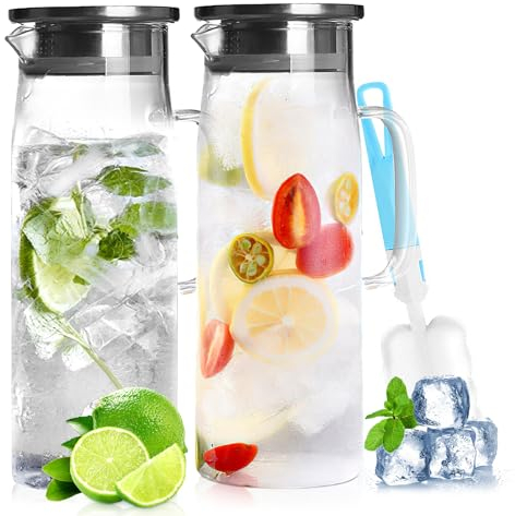 JOLIGAEA 2 Pièces Carafe en Verre de 1,5L, Pichet en Verre avec Couvercle, Cruche d'eau en Verre Borosilicaté, Carafe Eau en Verre pour thé Glacé, Lait, Jus, Boisson Froide et Chaude, avec Brosse