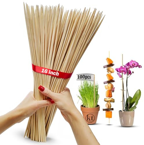 100 Pack 16 Bamboo Plant Stakes for Indoor Plants, Long Wood Skewers Sticks for Plant Support Tomato Floral Flower Bouquet, Garden Wooden Sticks Sign Posting and Other Crafts (100pc - 16 inch)