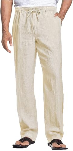 Cegerne Pantaloni di Lino Pantaloni Estivi Leggeri da Uomo Pantaloni Casual Larghi con Tasche con Coulisse per la Spiaggia di Tutti i Giorni, L-Beige, L