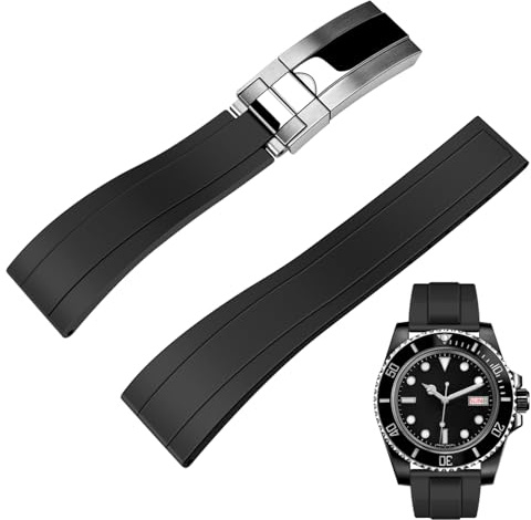 Juntan FKM Rubber Watch Strap for Men Women, 20mm Watch Band Fluororubber Rubber Black with Classic Diving Style Deployment Clasp