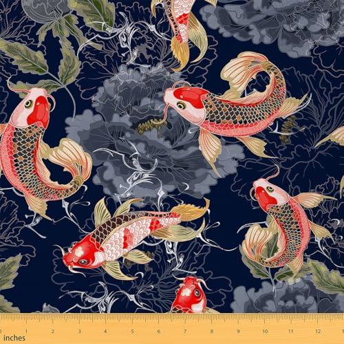 Loussiesd Tela japonesa de peces Koi por metros, 92 x 150 cm, flores florales, decorativas, tela japonesa Ukiyoe, tela impermeable para sillas, estilo japonés, bricolaje, tela de tapicería