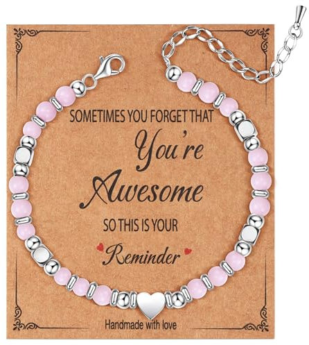 Dochais Heart Bracelet for Women Silver 925 Healing Crystal Bracelets, 4.3mm Natural Stone Beaded Bracelets Adjustable, Gifts for Women Girls, Rose Quartz Bracelet with Heart Charm