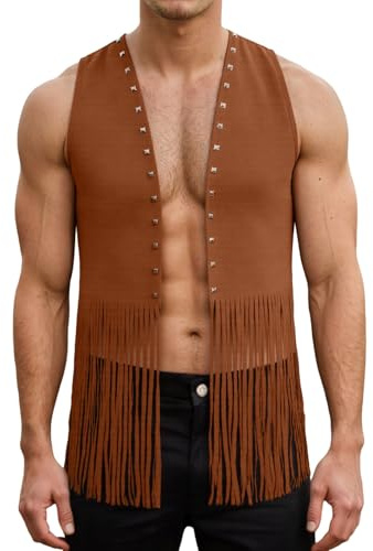 Generico Gilet da uomo in pelle scamosciata, con frange, senza maniche, da cowboy, con frange, stile retrò, hippie S-XXL