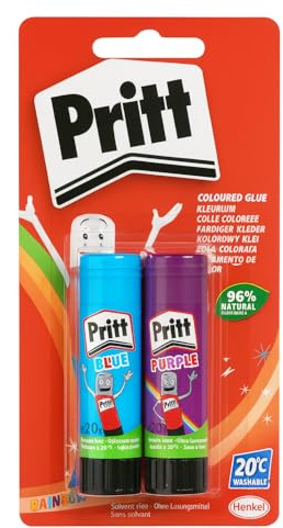 Pritt Colle Stick Colorée – Lot de 2 Bâtons (Bleu & Violet) – Colle Colorée Lavable – Sans Solvant – 20g – 96% Ingrédients Naturels – Pour Enfants – Idéale pour Papier