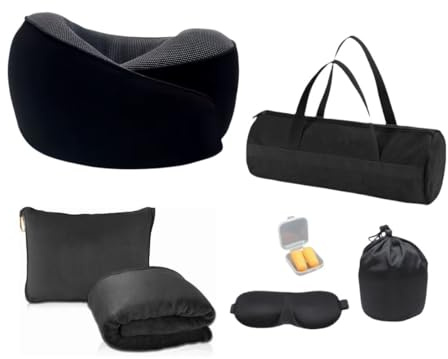 Cuscino da viaggio ergonomico in memory foam, cuscino da viaggio compatto e regolabile con maschera per gli occhi, tappi per le orecchie, coperta, borsa per riporre e trasportare, kit da viaggio