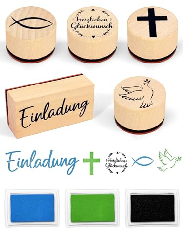 Set di 8 timbri per inviti battesimo comunione cresima e confermazione, 5 timbri in legno con 3 tamponi per biglietti di invito scrapbooking e regali per battesimo comunione cresima confermazione