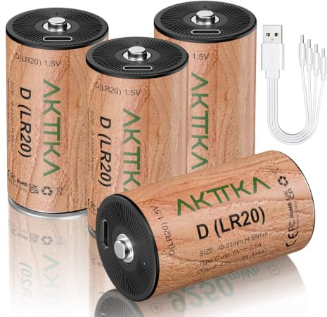 AKTTKA Confezione da 4 batterie ricaricabili agli ioni di litio D/LR20 – 9250 mWh, 1,5 V, batterie a D grandi, cavo USB-C, ideale per lampade da campeggio, auto giocattolo telecomandate, borsa