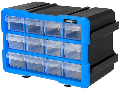 HMF Boîte de rangement pour petites pièces avec 12 tiroirs, mallette de rangement extensible pour vis et outils | 24 compartiments | 29,5 x 19,5 x 16 cm | bleu-noir