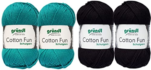 SB Pack Gründl Cotton Fun Häkelset für Topflappen Inhalt 4x50g Material 100% Baumwolle incl. Gratis Häkelanleitung und Häkelnadel (Jade, Schwarz)