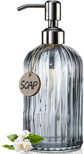 JASAI 18 Oz Vertical Stripes Kitchen Soap Dispenser with 304 Rust Proof Stainless Steel Pump, Refillable Liquid Soap Dispenser for Bathroom, Kitchen, Hand Soap, Dish Soap (Clear Grey)