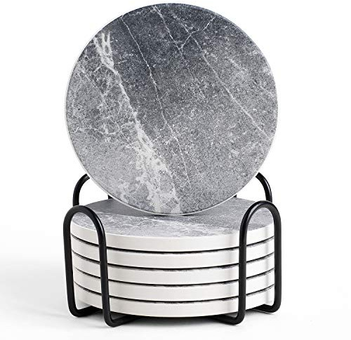 LIFVER Set di 6 sottobicchieri in ceramica grigia, sottobicchieri con supporto e base in sughero, per donne/uomini, per varie tazze, tavoli e decorazioni per la casa, 10,2 cm