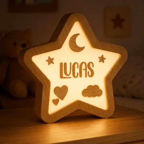 CUAC REVOLUTION Luz Nocturna Infantil Lámpara Estrella Personalizada con Nombre | Quitamiedos LED de Madera | Lámpara de Mesita de Noche | Regalo Bebés y Niños (Mix)